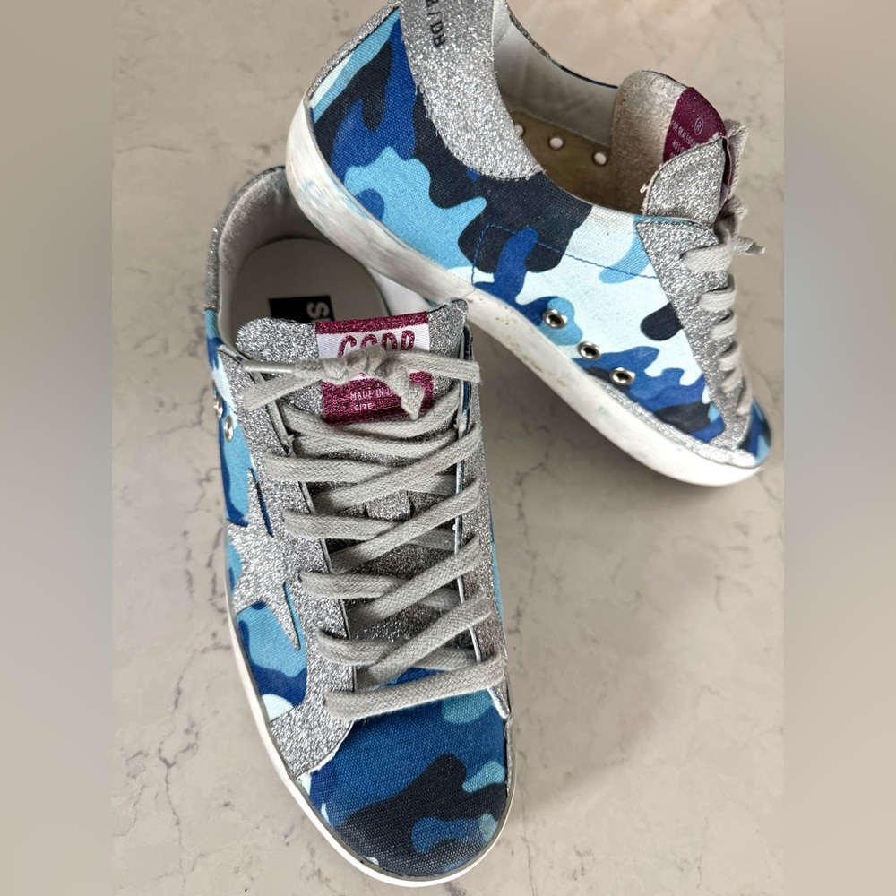 Golden Goose Blue Camo and Silver Sparkle Shoes Size 8 EUC - Picture 1 of 10
